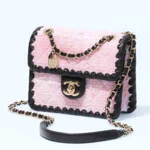 Chanel Mini Flap BARBIE Bag Pink Tweed Black Braided Leather Calfskin Gold Chain
